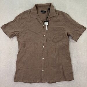 NEW Mavi Mens Large Short Sleeve Shirt Mens Brindle Brown 100% Linen Regular Fit